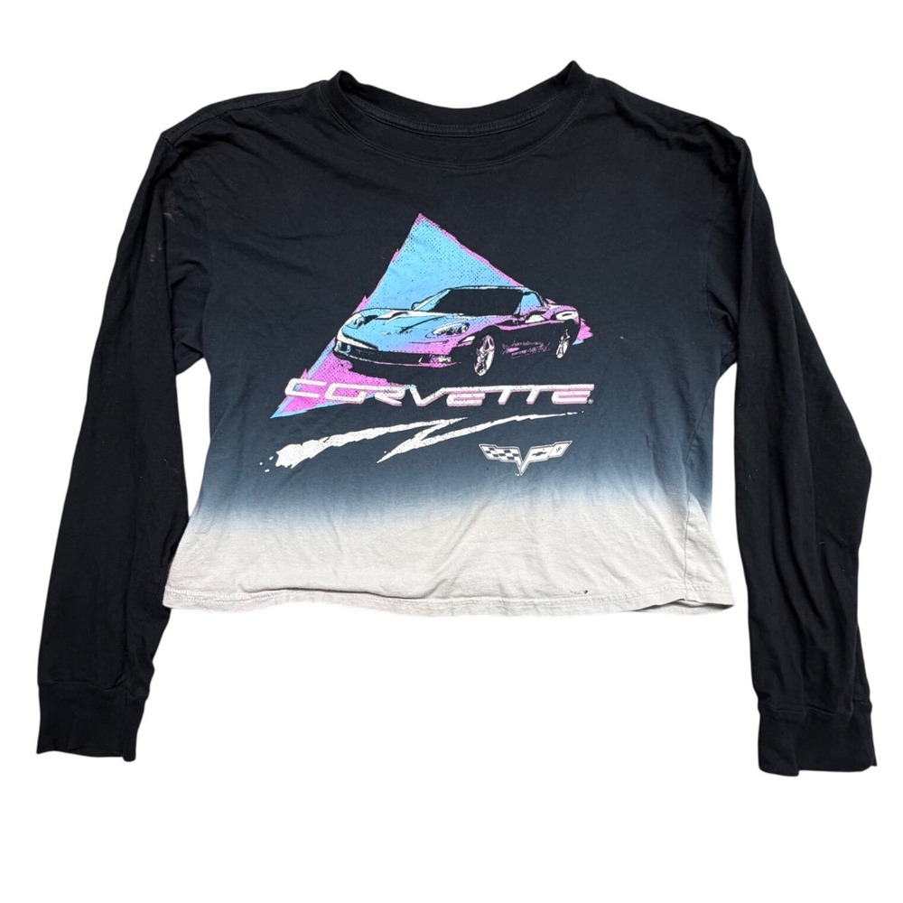 GM Corvette Ombre Cropped Long Sleeve Graphic Tee Black White Women's Medium